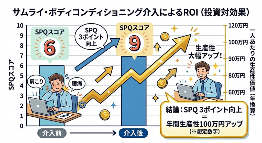 SPQスコア向上による従業員一人あたりの生産性ROI改善グラフ